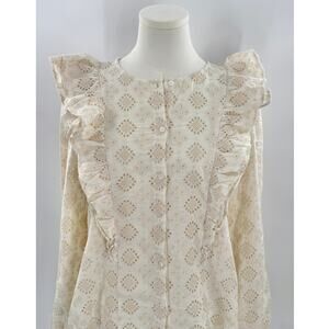 Sezane Bobby Ecru Cream Lace Eyelet Ruffle Top Long Sleeve Blouse 6 8